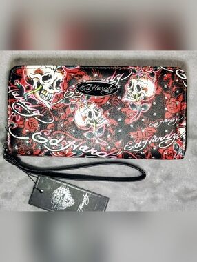 Ed Hardy Y2K Love Kills Slowly Zip Wallet Wristlet - Rhinestone Skull & Roses